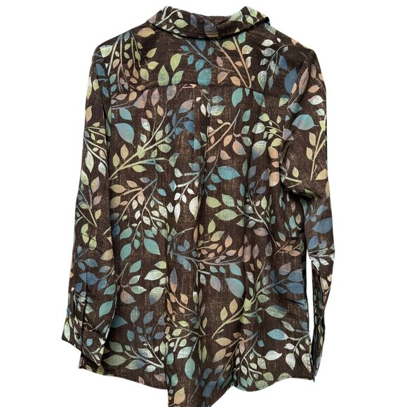 Denim & Co. Womens Top Medium Brown Leaf Print Button Up Shirt Long Sleeve NWOT - Picture 6 of 12